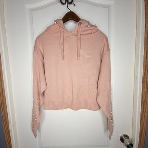 Zara Knit Womens Small Hooded Sweater Cropped with Pearl Accent